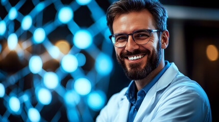 Smiling man in a white coat stands in front of a network of glowing blue lights. Concept of science and innovation. For a technology-themed editorial.