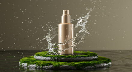 A luxurious and natural cosmetic product presentation featuring a sleek, golden spray bottle resting on a natural stone podium covered in vibrant green moss.