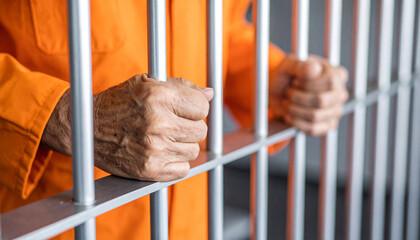 Elderly mans wrinkled hands gripping metal jail cell bars, wearing prison uniform, emotional concept