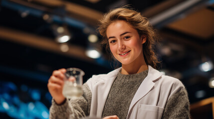 A teacher demonstrating a science experiment in a lab coat