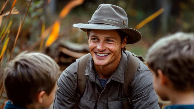 A man wearing a hat is smiling and interacting with two children in a forest setting. Concept of outdoor education and mentorship. For promoting outdoor learning