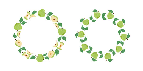 Apples, whole and halves of fruit. Banner, set of round frames. Garden harvest. Illustrations for menu design, bar, cafe, recipes, restaurant. Place for text, white isolated background.