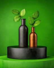Copper and Black Bottles with Green Leaves on Dark Platform