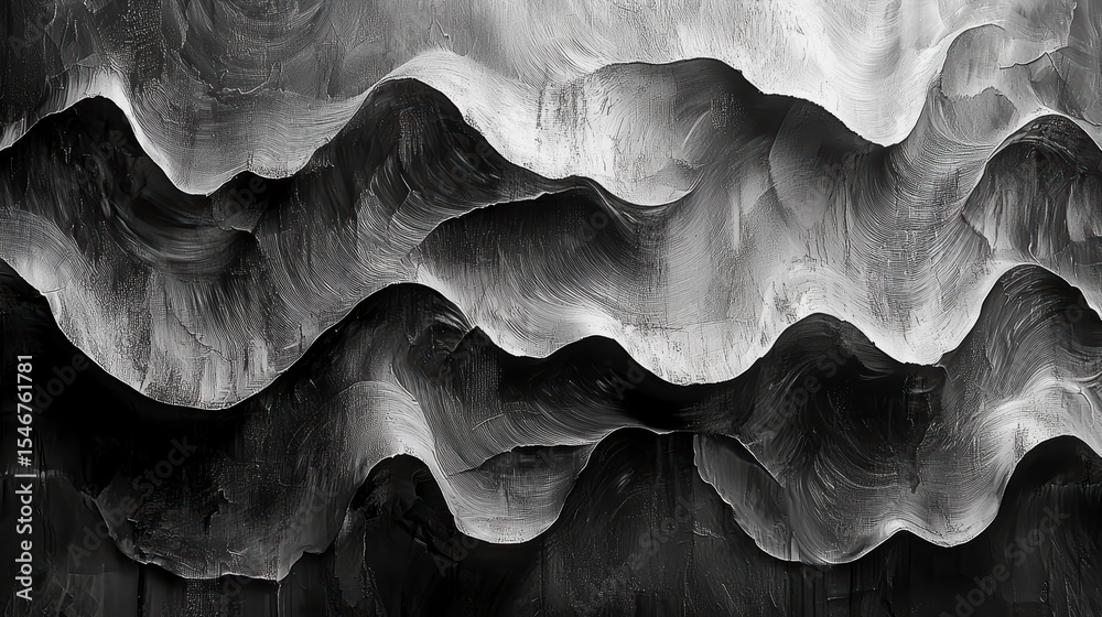 Poster abstract grayscale image of undulating, textured surfaces resembling sculpted waves or mountains.