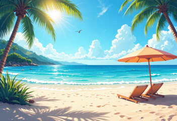Obraz premium Tropical Beach Scene Sunny Day Two Lounge Chairs Beach Umbrella