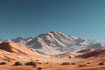 Vast desert landscape with rolling sandy hills and distant rugged mountains under a clear sky, high resolution photo