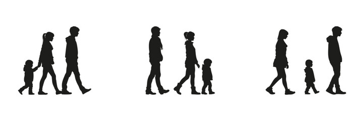 Family Walking Silhouette Set. Parenting, Childhood, And Family Bonding Symbol Collection. Social And Educational Use. Isolated Vector Illustration