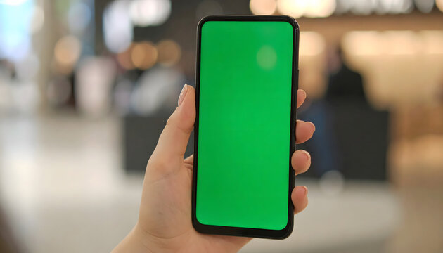 Hand holding a smartphone with a green screen: A hand delicately cradles a sleek smartphone featuring a vivid green screen, suggesting a blank canvas for digital content, communications.
