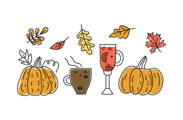 Autumn set, elements of the collection pumpkin, hot drinks, autumn leaves. Coffee, mulled wine. Cold season, leaf fall. Vector illustration, drawing, doodle.