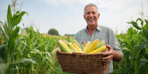 Smiling senior Caucasian farmer wearing a hat holding a basket full of ripe yellow corn cobs on a cornfield. Agriculture, farm life, agrarian.