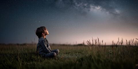 Little boy sitting in the grass stargazing under starry sky. Hobbies and leisure for kids.