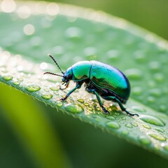 Naklejka premium Iridescent Beetle Crawling on a Dewy Leaf 