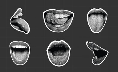cut out open mouth screaming and tongue out woman lips with grunge punk y2k newspaper collage, halftone stipple effect and Torn comic business paper sticker