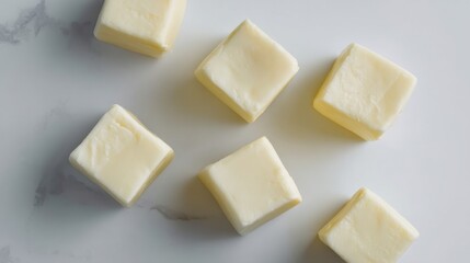 Cubes of fresh cream butter on marble surface for culinary use and food presentation