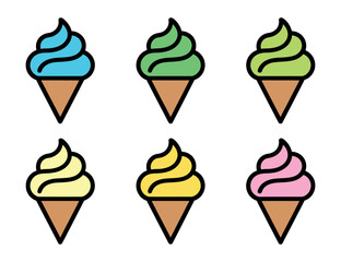 Four Colorful Ice Cream Cones with Swirls of Different Flavors