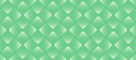 Obraz premium Rhombus with rounded edges grid pattern abstract vector graphic wide background in light green shade. Panoramic layout combines halftone pointillist effect with clean geometric flow and freshness vibe