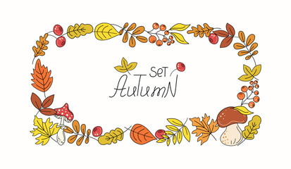Autumn set of leaves, mushrooms and berries. Rectangular frame, banner, hand-lettered postcard. Fly agaric, doodle, bright color drawing, sketch. Natural botanical background.