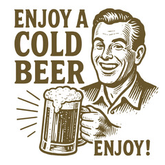 Vintage depiction of a smiling man enjoying a cold beer illustration  