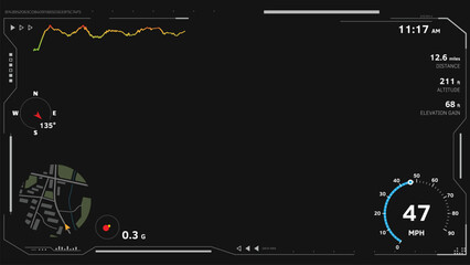 Futuristic UI telemetry overlay template on black background. Includes speed, altitude, GPS data, speed tracker, minimap and HUD elements. For action camera, car camera, sport videos, FPV overlays.