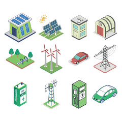  Isometric Eco Energy and Green Technology Icon Set – Solar, Wind, Electric Vehicles, Renewable Power Generation.