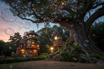 Fototapeta premium Whimsical Treetop Town Starlight Bubbles Stone House