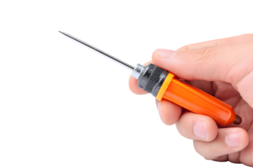 Closeup of a hand holding an orange screwdriver tool fix diy job work grip on transparent background