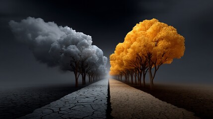 Juxtaposition of seasons: contrasting colors and cracked pathways create a dichotomy