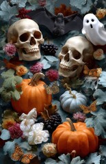 Fototapeta premium Halloween still life with skulls, pumpkins, and ghost