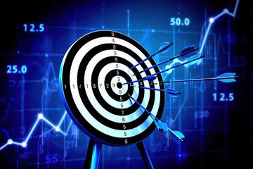 Fototapeta premium Strategic Arrows Hitting Bullseye on Target Board with Financial Data Visualization Demonstrating Precision and Accuracy in Achieving Business Objectives and Investment Success in a Competitive Market