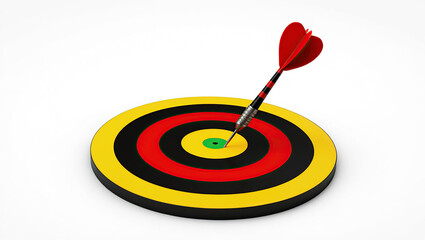 A Precise Dart Hit on a Bullseye Target with Concentric Rings of Yellow, Black, and Red Colors, Achieving Ultimate Accuracy and Success in a Game of Skill and Precision on a Clean White Background