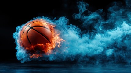 A visually striking image of a basketball engulfed in fire and surrounded by smoke, symbolizing speed, energy, and the excitement of sports, perfect for dynamic promotions.