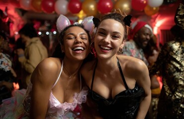 Two beautiful women laughing and having fun at costume party