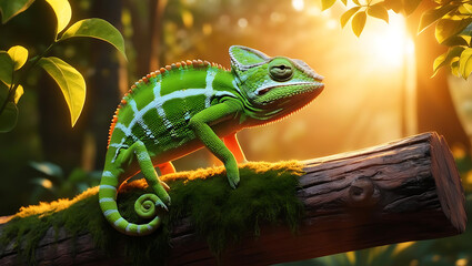 Green Chameleon Resting on Mossy Log
