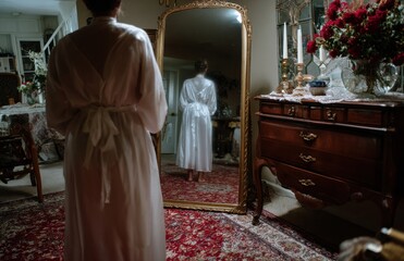 Naklejka premium Bride wearing white silk robe looking in antique mirror getting ready for wedding