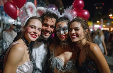 Friends wearing costumes posing together at carnival party