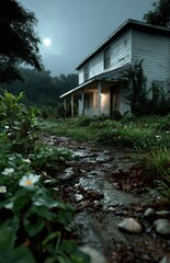 Creepy old house illuminated by the moon at night with a stream in the foreground