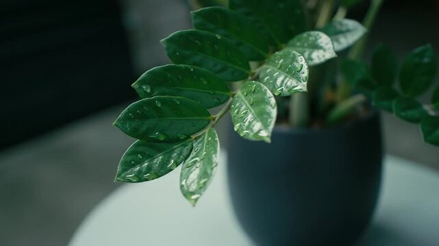 Zz Plant Displaying Its Glossy Green Foliage And Water Droplets