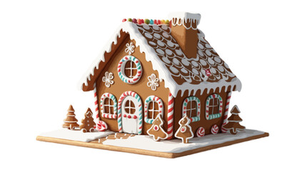 3D illustration of a gingerbread house with white icing and decorative details surrounded by winter trees