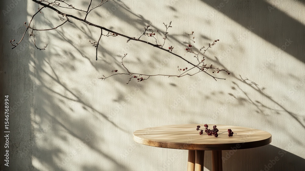 Poster Sunlit wooden table with berries and branch casting shadows on a textured wall.
