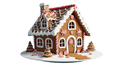 3D illustration of a gingerbread house with white icing and decorative details on a snowy hill