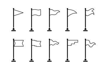 set 10 Collection of flag and pennant icons with poles for start, end, banner, location, pin destination map pictograms in monoline style . part 4
