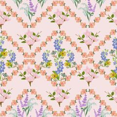 Vintage Pink Floral Seamless Pattern. Diagonal Rose and Lily Repeat. hand drawn roses, lilies, and spring florals. Ideal for wedding stationery, romantic fabric, and pastel decor.