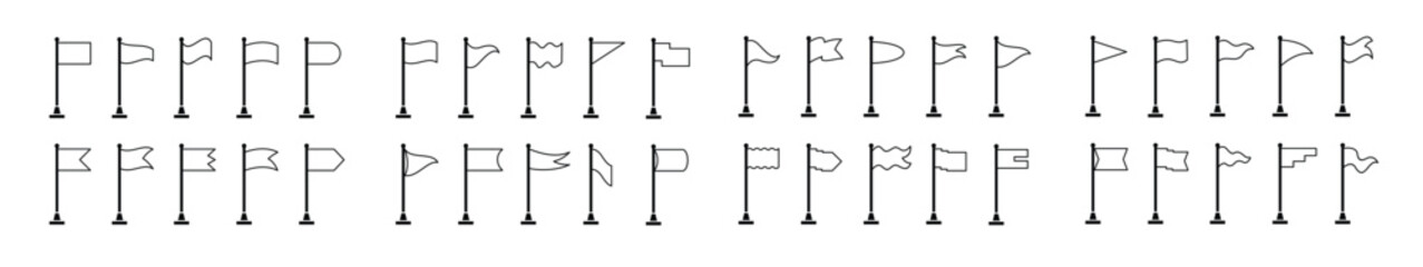 set of 40 Collection of flag and pennant icons with poles for start, end, banner, location, pin destination map pictograms in monoline form