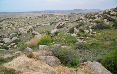 A view from Qobustan National Park in Qobustan, Azerbaijan. Rock paintings dating back thousands of...