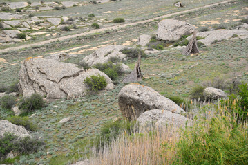 A view from Qobustan National Park in Qobustan, Azerbaijan. Rock paintings dating back thousands of...