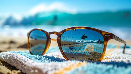 close-up of vintage sunglasses lying on a towel, reflecting a distant surfer riding a wave, shallow depth of field