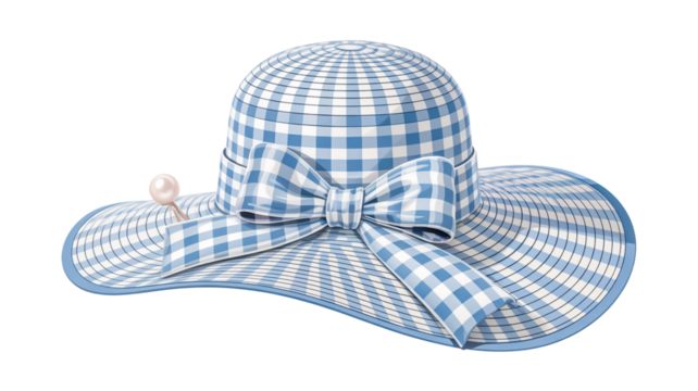 A detailed illustration of a sun hat with a light blue and white gingham pattern 
isolated on a transparent background.