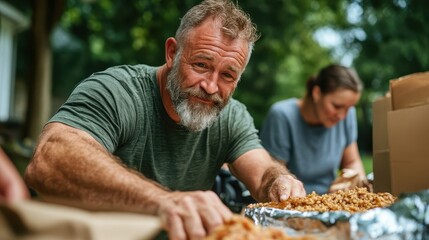 A friendly gathering features a man preparing delicious food outdoors, radiating happiness, connection, and the joy of shared culinary experiences with loved ones in nature.
