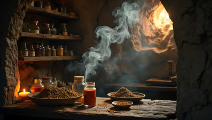 Rustic herbalist workshop with wooden table containing jars, bowls, and smoking incense creating mystical apothecary atmosphere