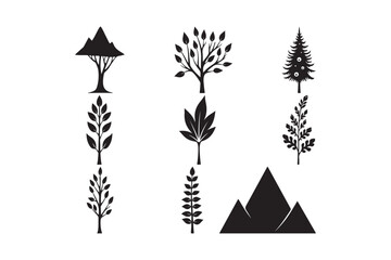 Minimal Tree and Mountain Silhouette Vector Icons for Nature Design